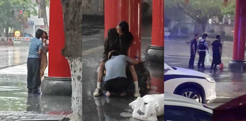 海南五指山三月三广场 情侣雨中激情热吻 性欲高涨时竟蹲下埋头舔逼 最后被帽子叔叔们领走制裁咯！-51吃瓜网