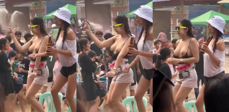 柬埔寨波贝街泼水节 妹子竟当街裸舞 炸裂的骚姿震惊路人 挺拔巨乳摇摆不断极其诱人！-51吃瓜网