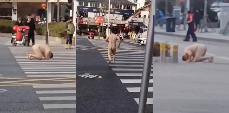 白胖裸男大街上全裸露出 在斑马线上向路人磕头 吓得车辆纷纷避让 这难道也是主人的任务？-51吃瓜网