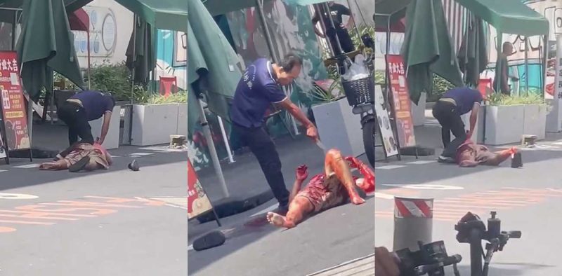 广州东晓南街头惊现持刀屠夫！男子被压地上当猪屠宰 血流满地 现场画面触目惊心！-51吃瓜网