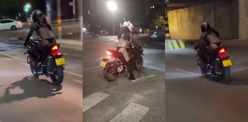 山东偶遇情趣内衣女骑士 身穿连体开裆黑丝 开着机车在马路上飞驰 性感身材极品蜜桃臀真是绝了！-51吃瓜网